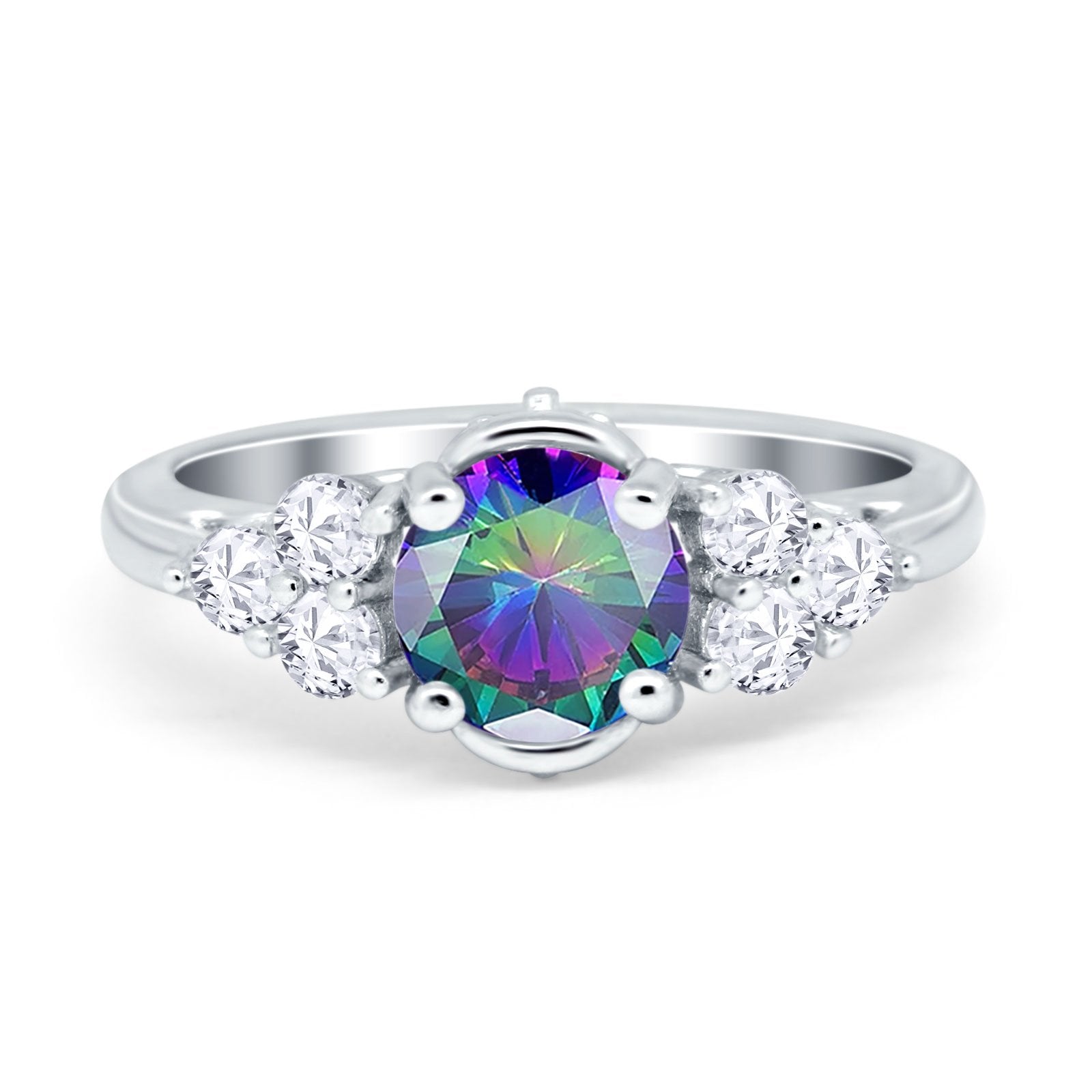 Vintage Style Wedding Ring Round Simulated Rainbow CZ 925 Sterling Silver