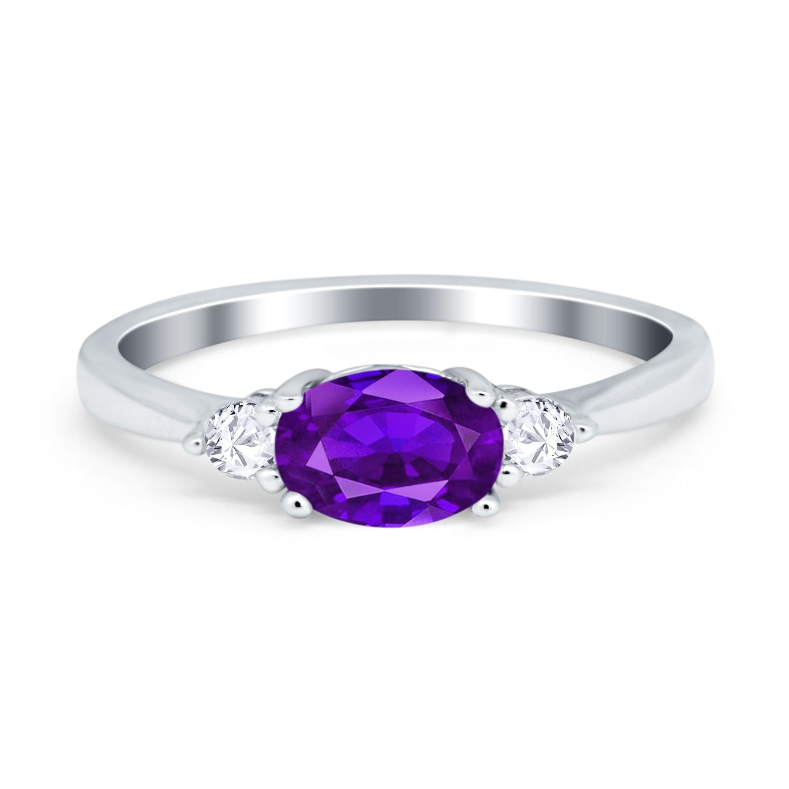 Three Stone Oval Engagement Ring Simulated Amethyst CZ 925 Sterling Silver