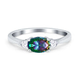 Three Stone Oval Engagement Ring Simulated Rainbow CZ 925 Sterling Silver