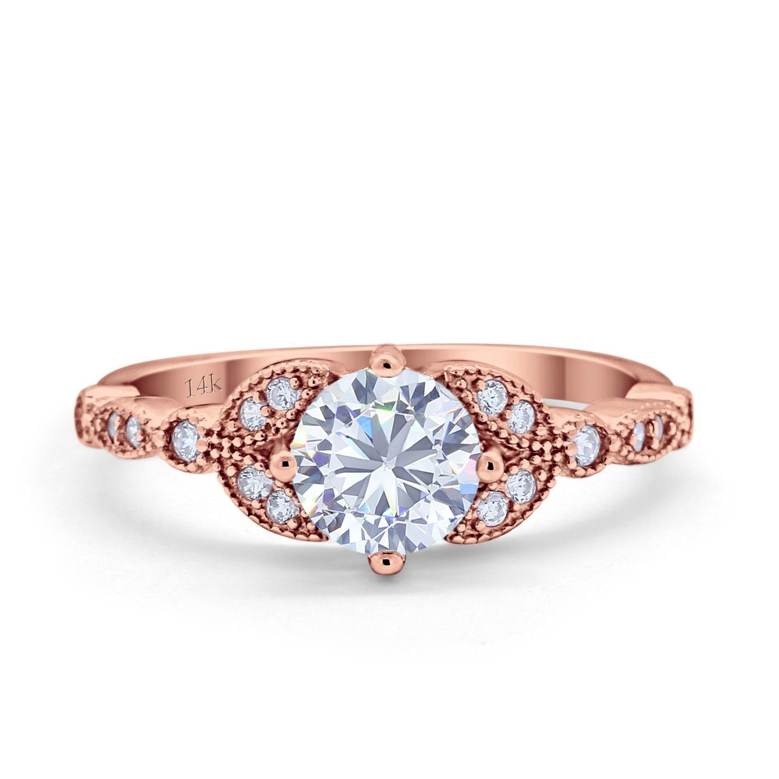14K Rose Gold Art Deco Wedding Ring Bridal Round Simulated Cubic Zirconia