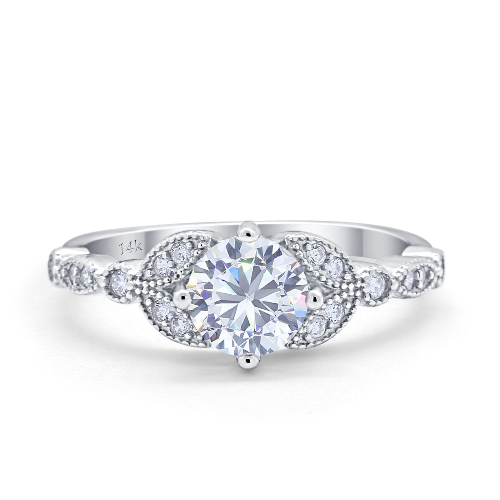 14K White Gold Art Deco Wedding Ring Bridal Round Simulated Cubic Zirconia Size-7