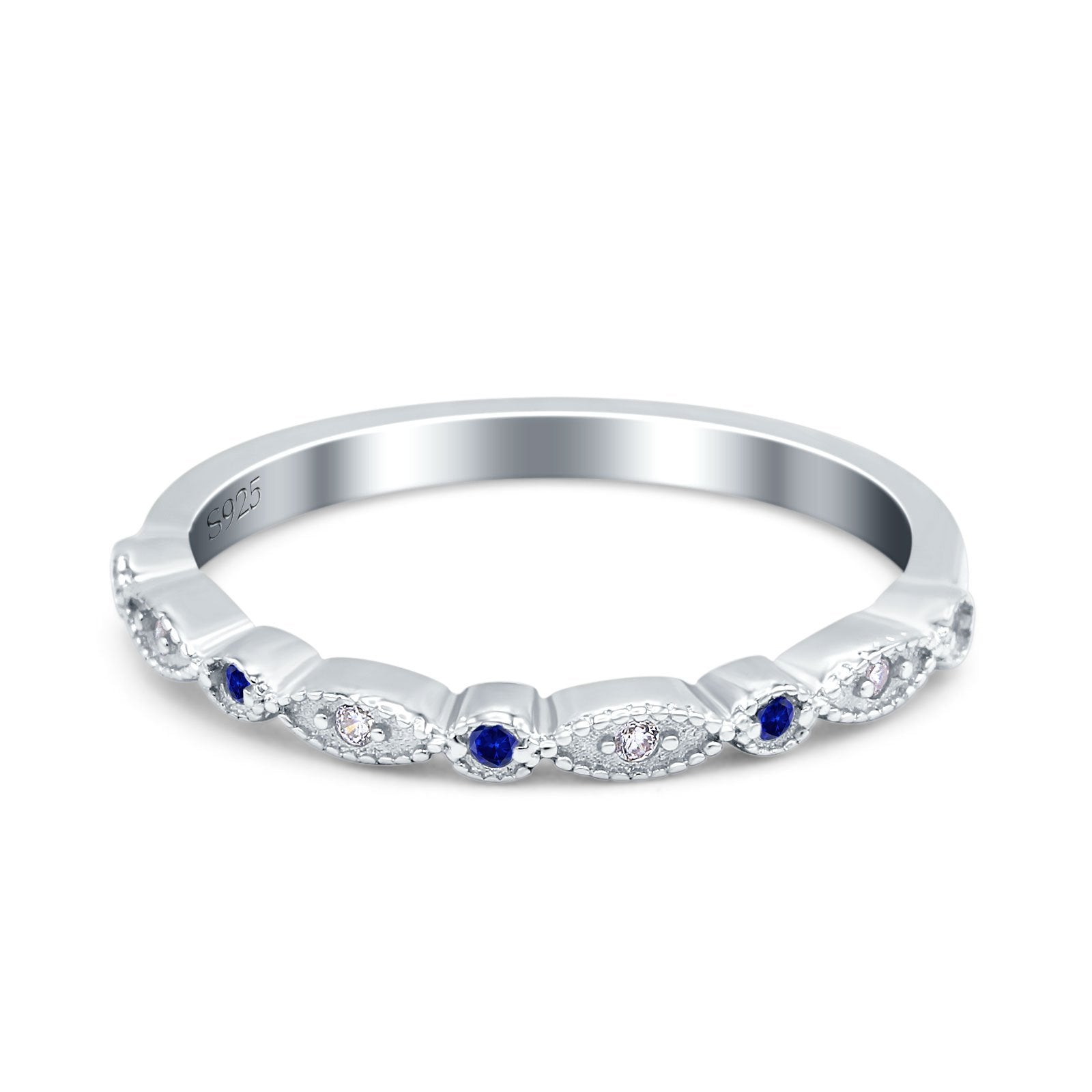 Half Eternity Wedding Band Ring Round Simulated Blue Sapphire CZ 925 Sterling Silver