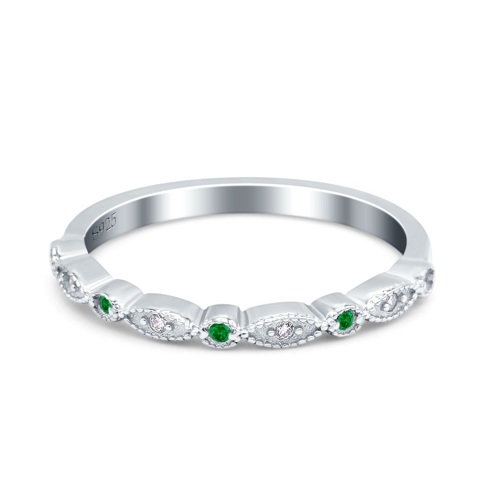 Half Eternity Wedding Band Ring Round Simulated Green Emerald CZ 925 Sterling Silver