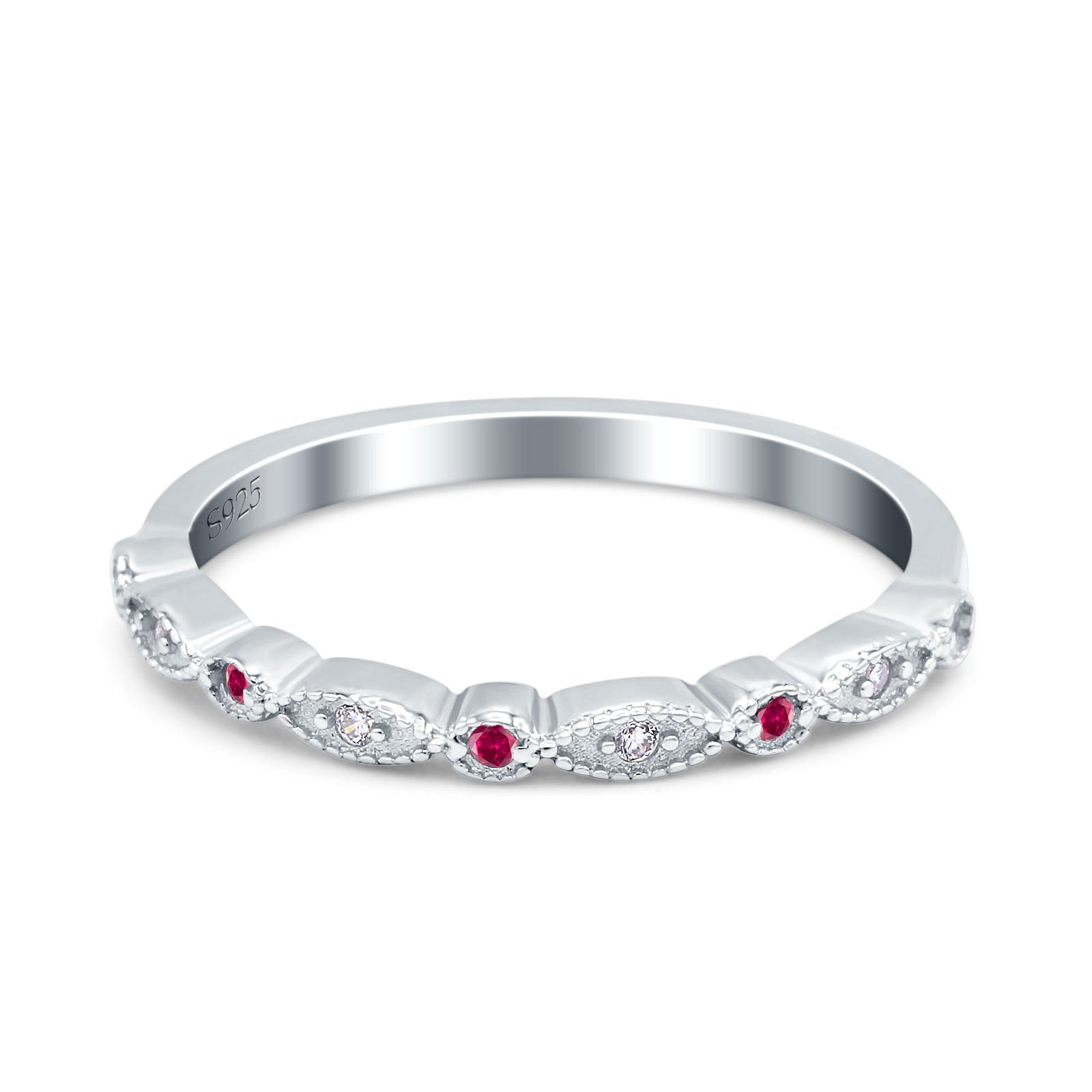 Half Eternity Wedding Band Ring Round Simulated Ruby CZ 925 Sterling Silver