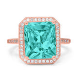 Halo Emerald Cut Engagement Ring Rose Tone, Simulated Paraiba Tourmaline CZ 925 Sterling Silver