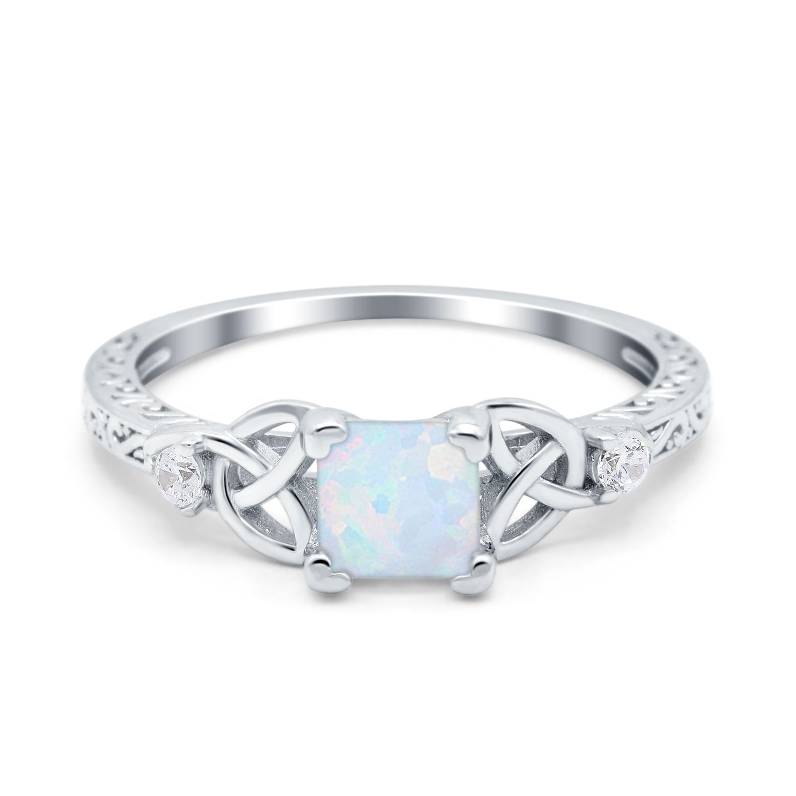 Cushion Celtic Art Deco Engagement Ring Lab Created White Opal 925 Sterling Silver