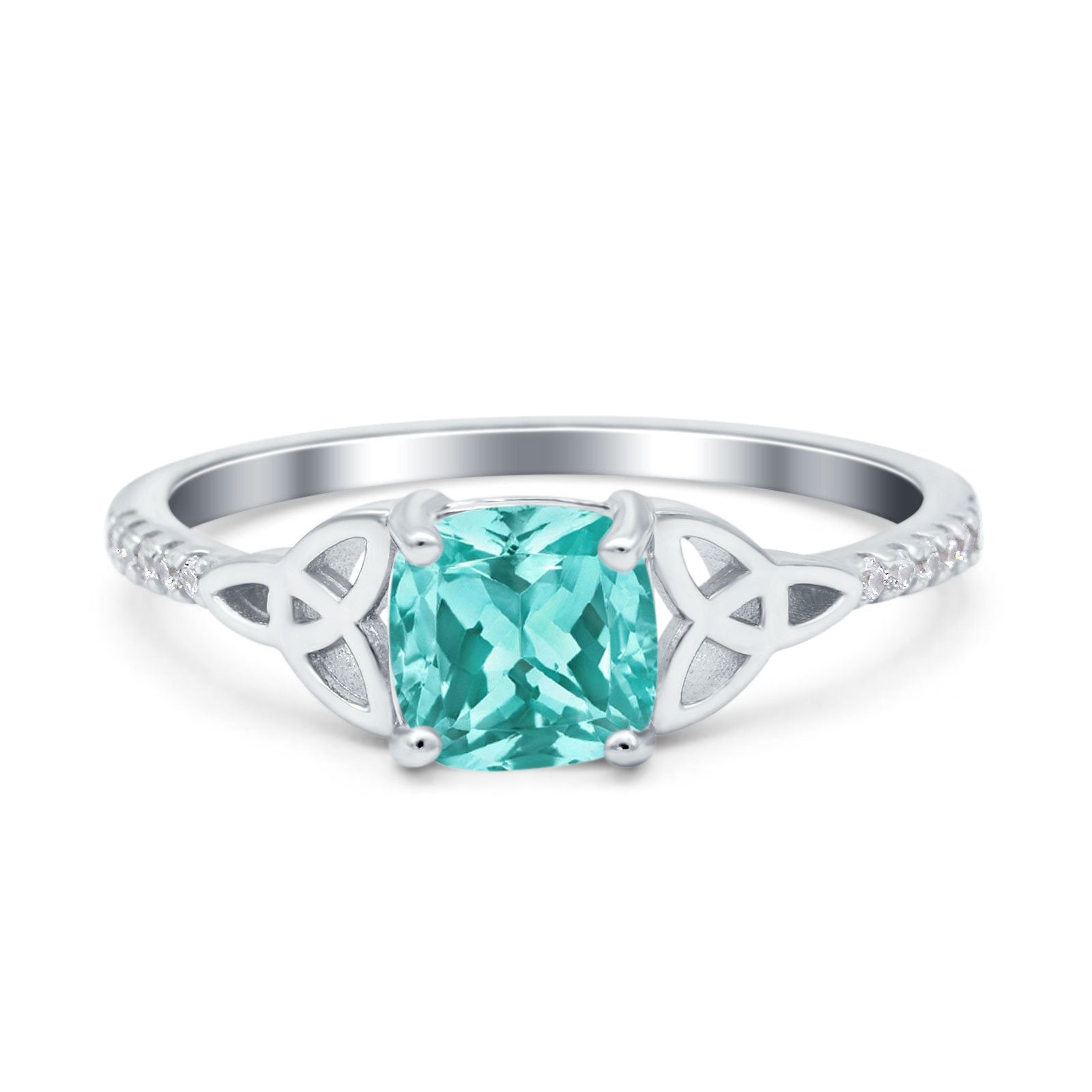 Cushion Cut Celtic Art Deco Wedding Engagement Bridal Ring Round Simulated Paraiba Tourmaline CZ 925 Sterling Silver