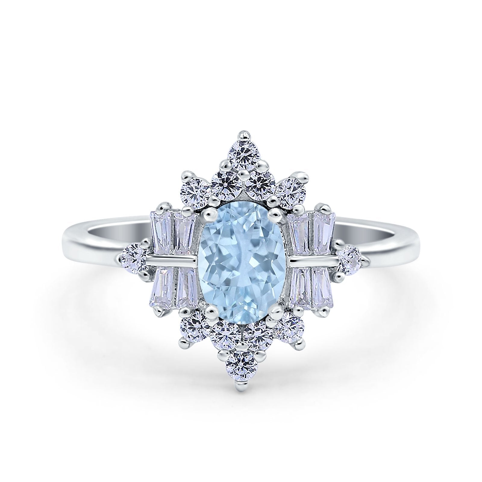 Oval Cut Halo Vintage Wedding Ring Simulated Aquamarine CZ 925 Sterling Silver