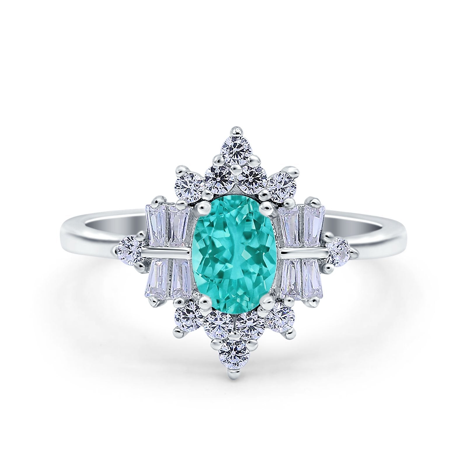 Oval Cut Halo Vintage Wedding Ring Simulated Paraiba Tourmaline CZ 925 Sterling Silver