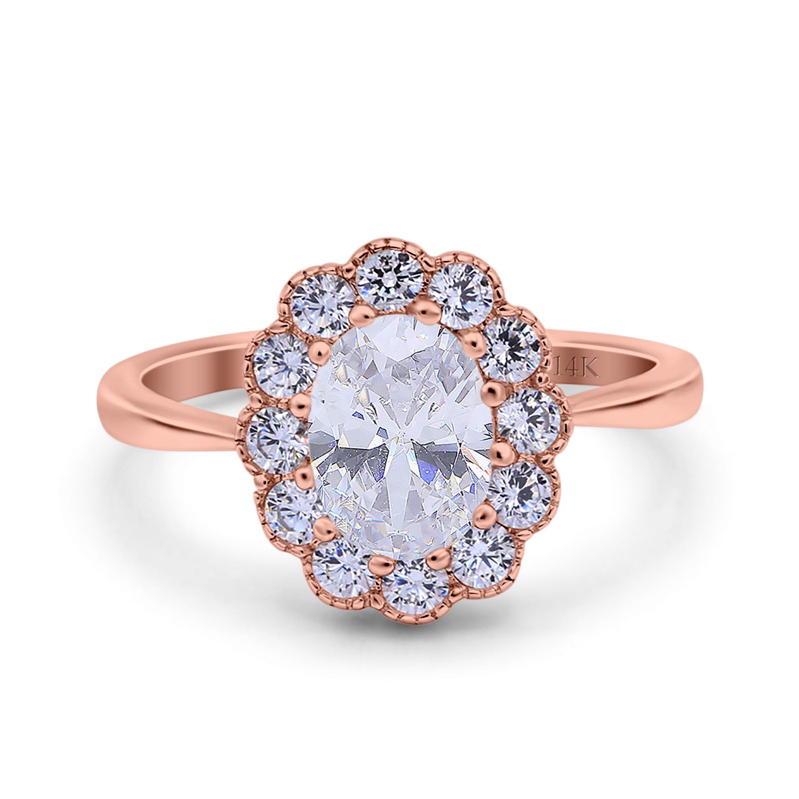 14K Rose Gold Vintage Floral Oval Bridal Wedding Engagement Ring Simulated CZ Size-7