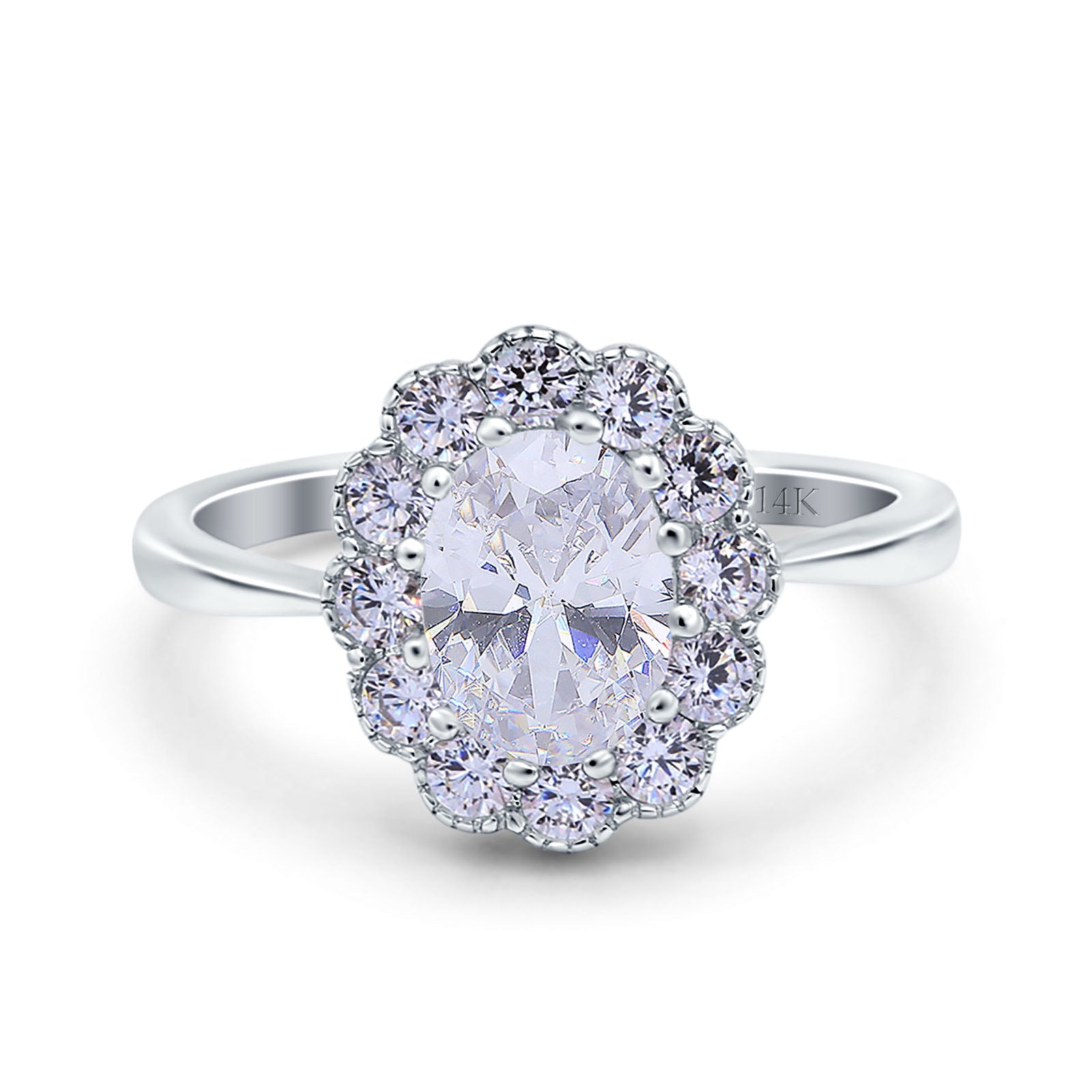 14K White Gold Vintage Floral Oval Bridal Wedding Engagement Ring Simulated CZ Size-7