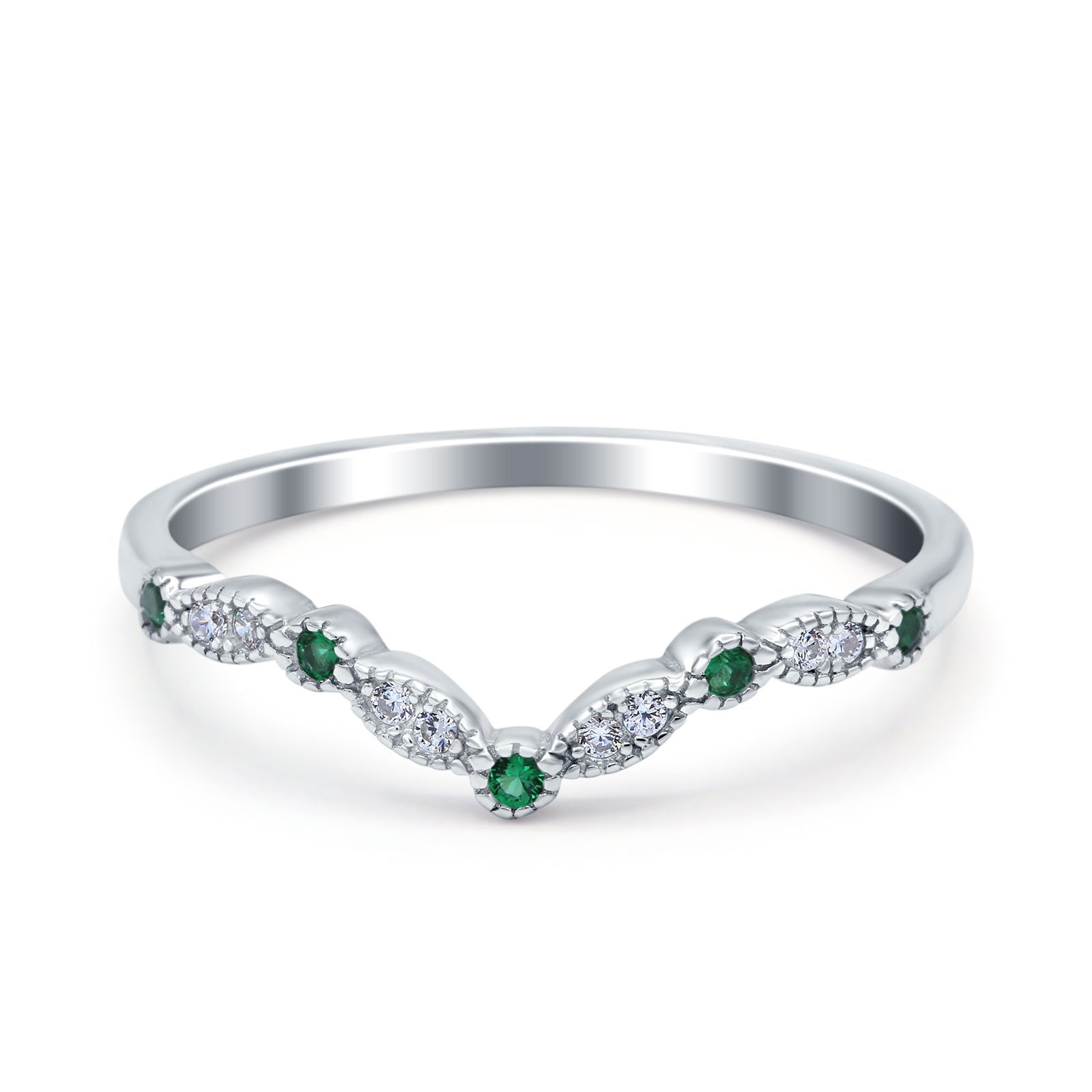 Curved Marquise Half Eternity Stackable Ring Simulated Green Emerald CZ 925 Sterling Silver