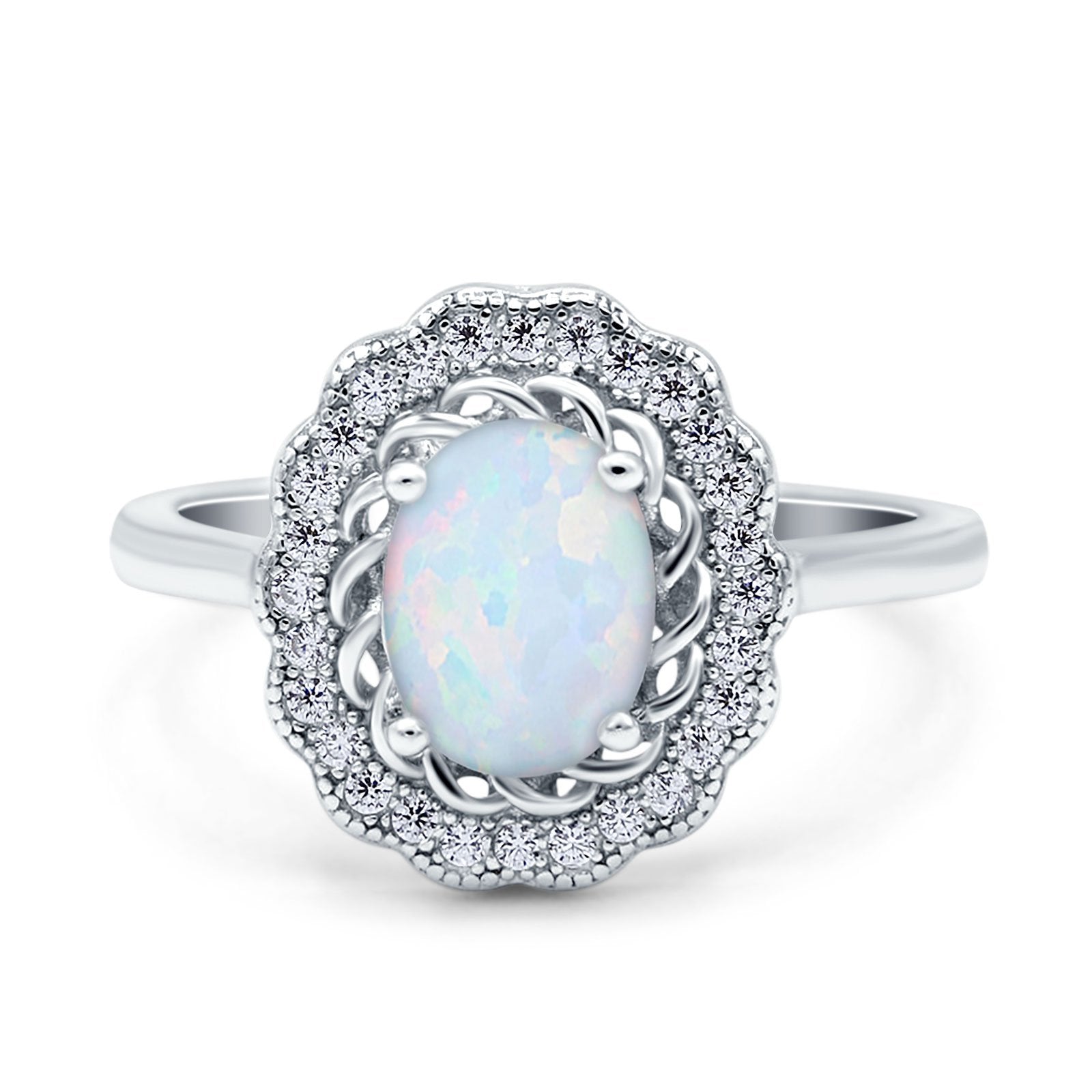 Art Deco Wedding Ring Oval Cut Solid Lab Created White Opal 925 Sterling Silver