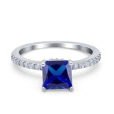 Cushion Cut Art Deco Vintage Engagement Wedding Bridal Ring Round Simulated Blue Sapphire CZ 925 Sterling Silver