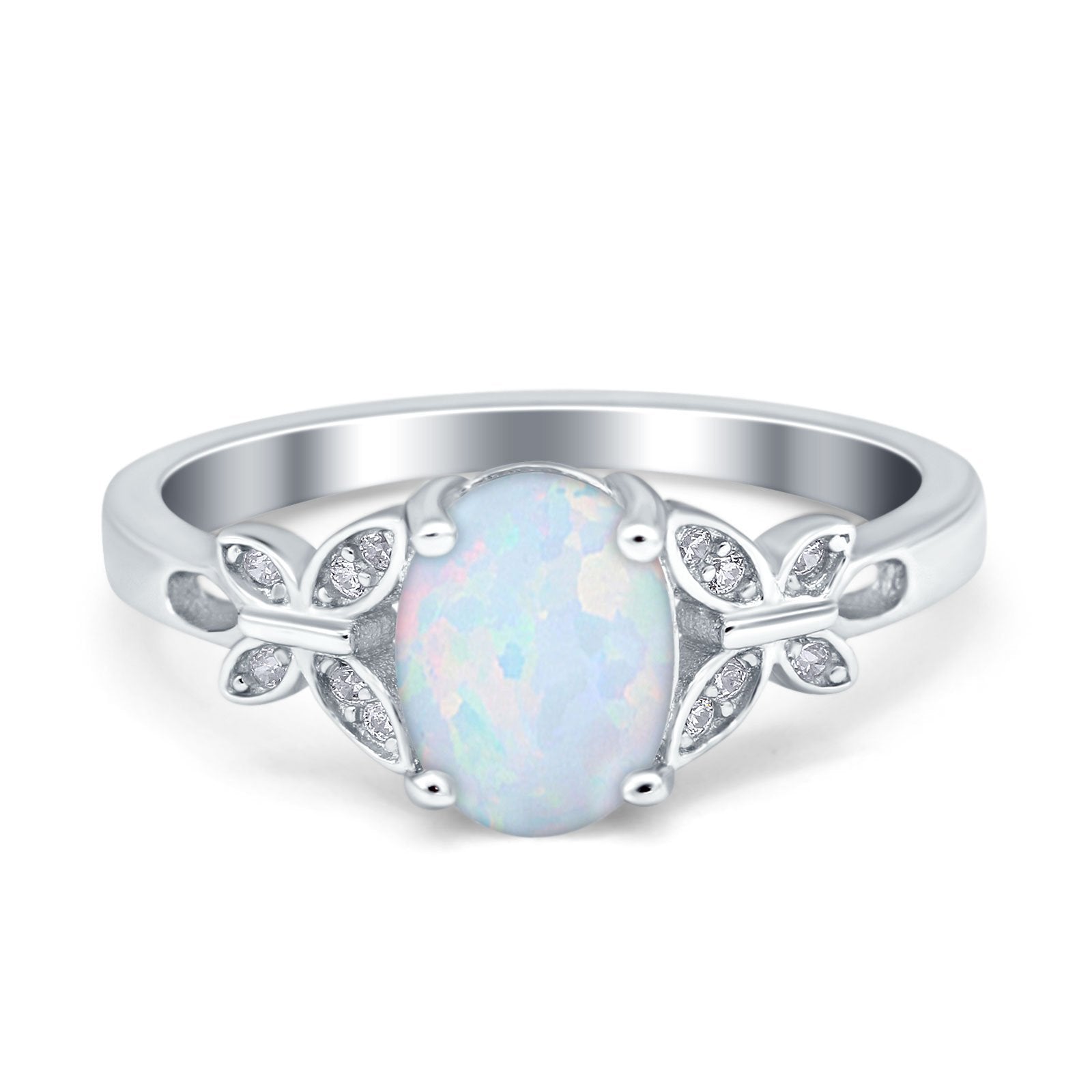 Butterfly Accent Oval Art Deco Engagement Wedding Bridal Ring Round Lab Created White Opal 925 Sterling Silver