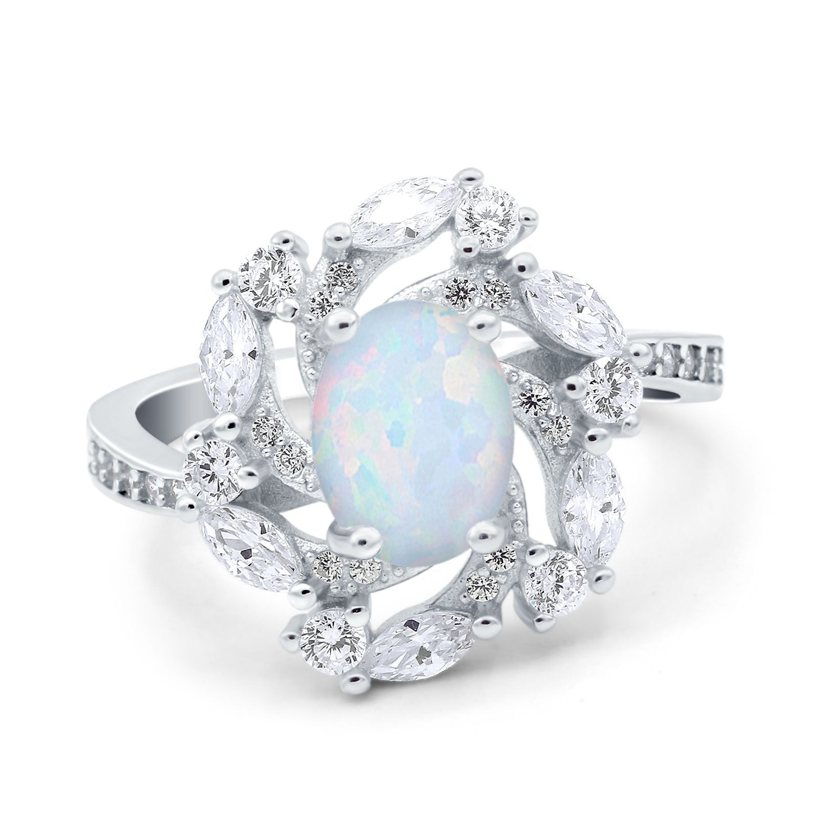 Oval Vintage Art Deco Engagement Ring Lab Created White Opal 925 Sterling Silver