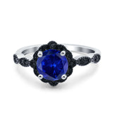 Flower Art Deco Wedding Ring Round Black Simulated Blue Sapphire CZ 925 Sterling Silver