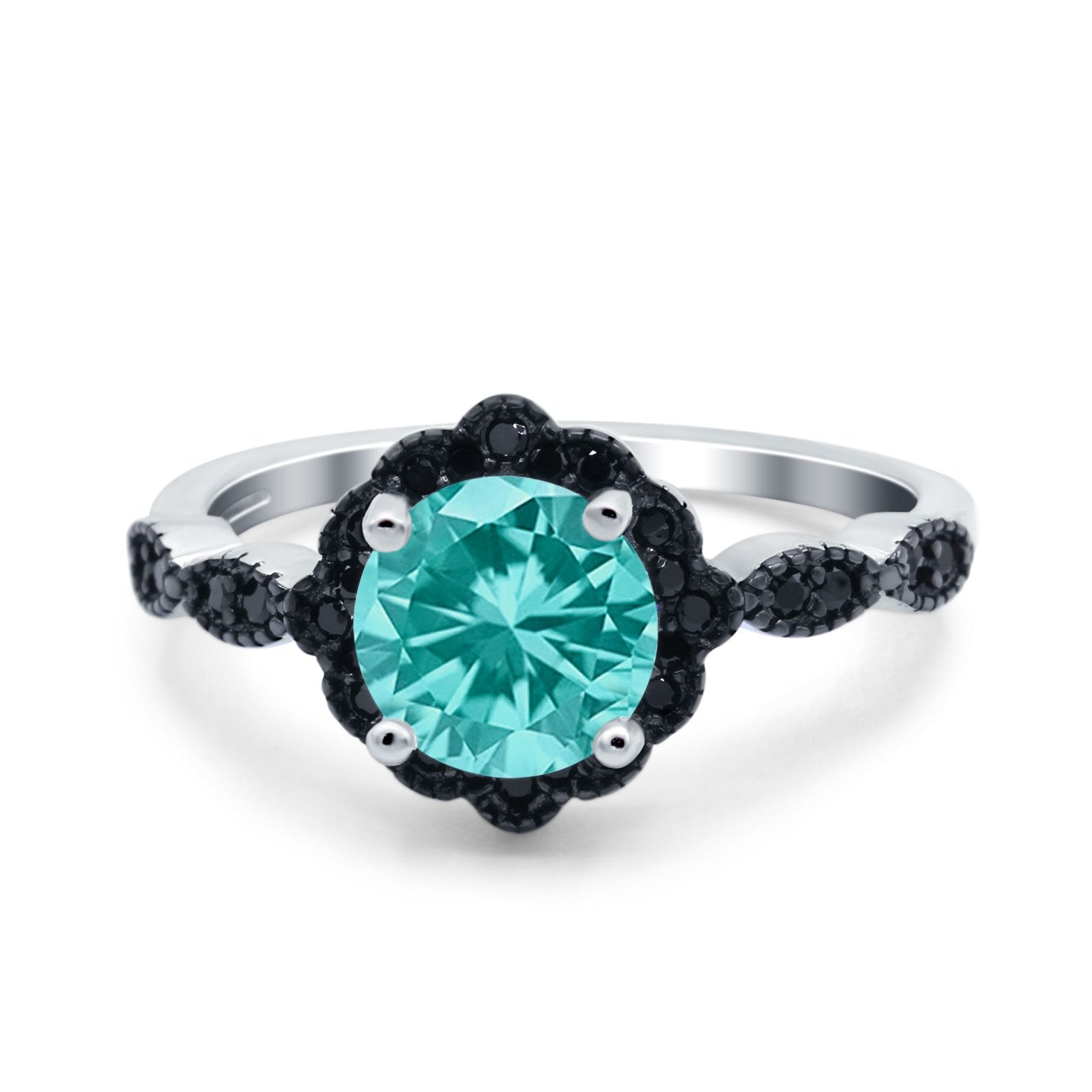 Flower Art Deco Wedding Ring Round Black Simulated Paraiba Tourmaline CZ 925 Sterling Silver