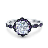 Flower Art Deco Engagement Ring Round Amethyst Simulated Cubic Zirconia 925 Sterling Silver