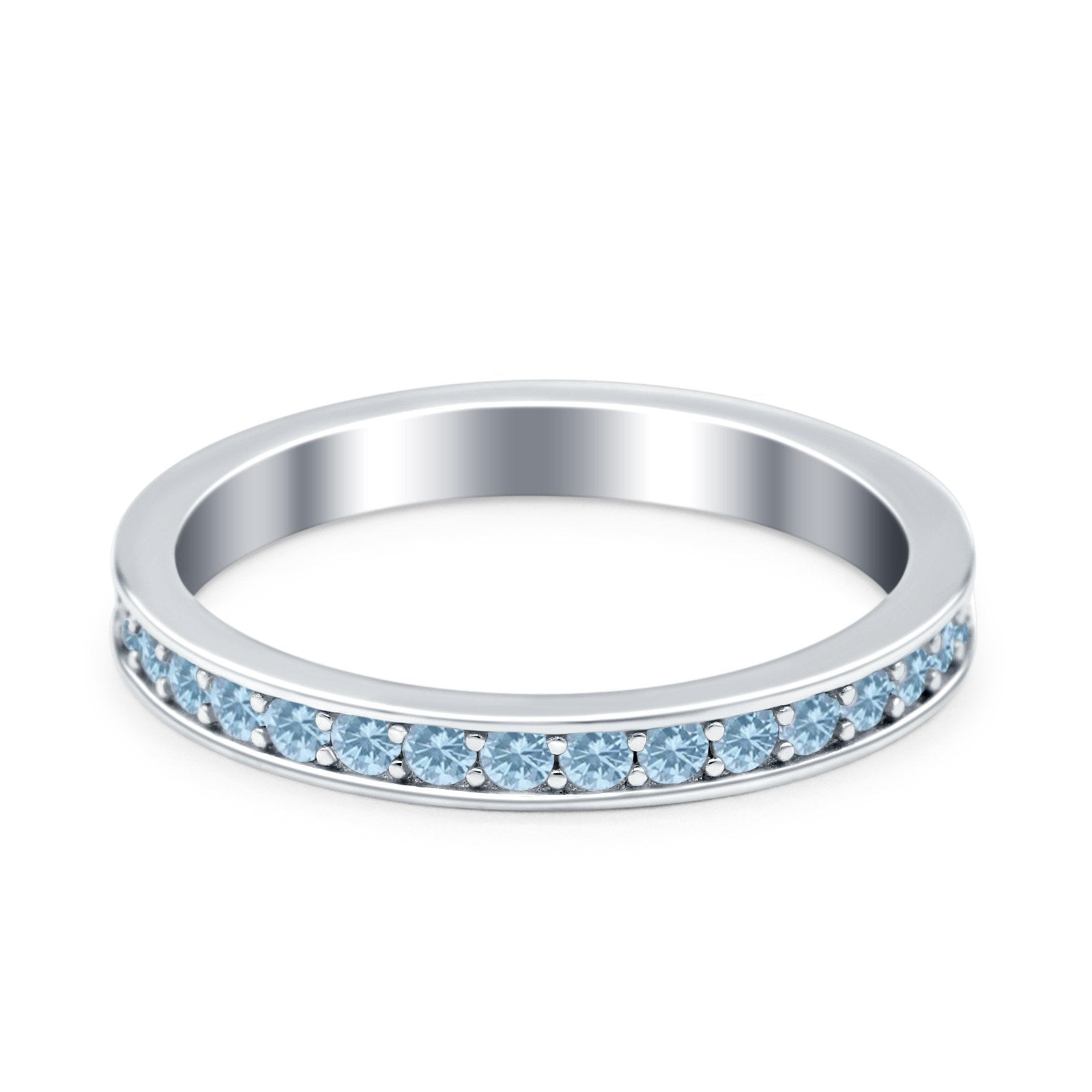 Full Eternity Stackable Band Wedding Ring Simulated Aquamarine CZ 925 Sterling Silver