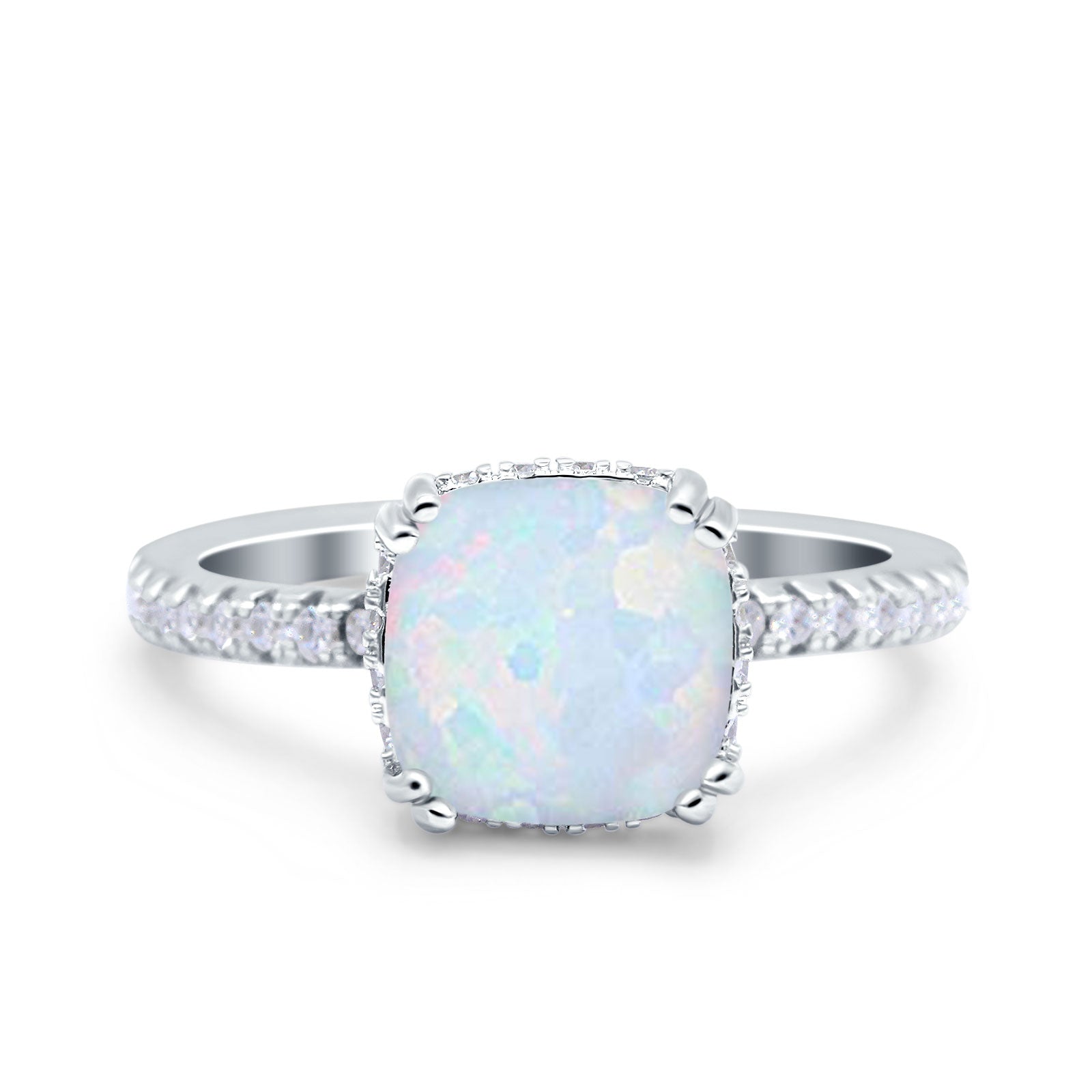 Half Eternity Art Deco Cushion Cut Wedding Bridal Ring Lab Created White Opal 925 Sterling Silver
