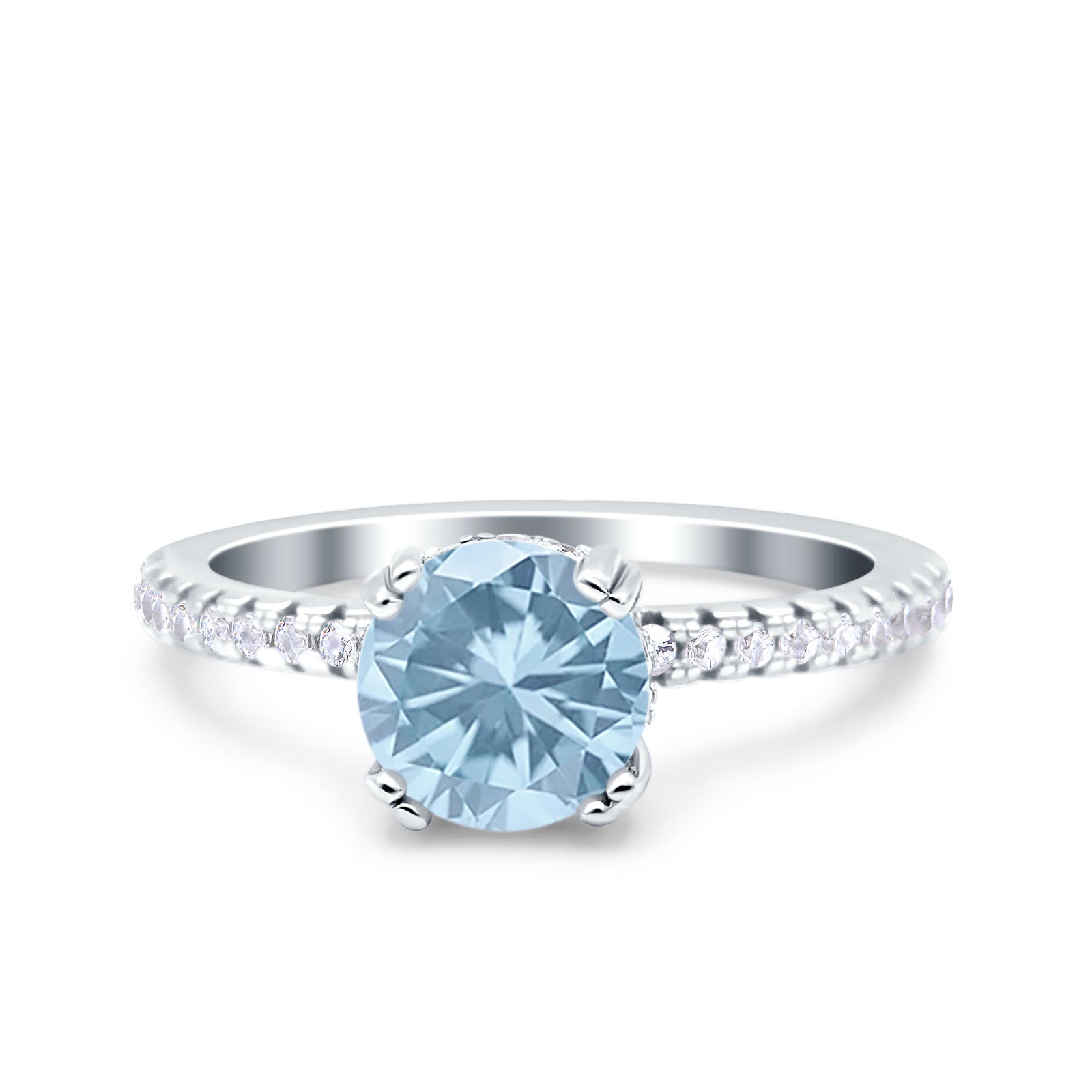Art Deco Wedding Bridal Ring Half Eternity Round Simulated Aquamarine CZ 925 Sterling Silver
