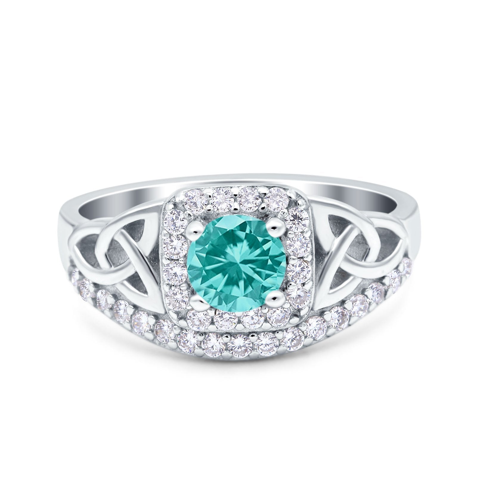 Celtic Art Deco Wedding Ring Round Simulated Paraiba Tourmaline CZ 925 Sterling Silver