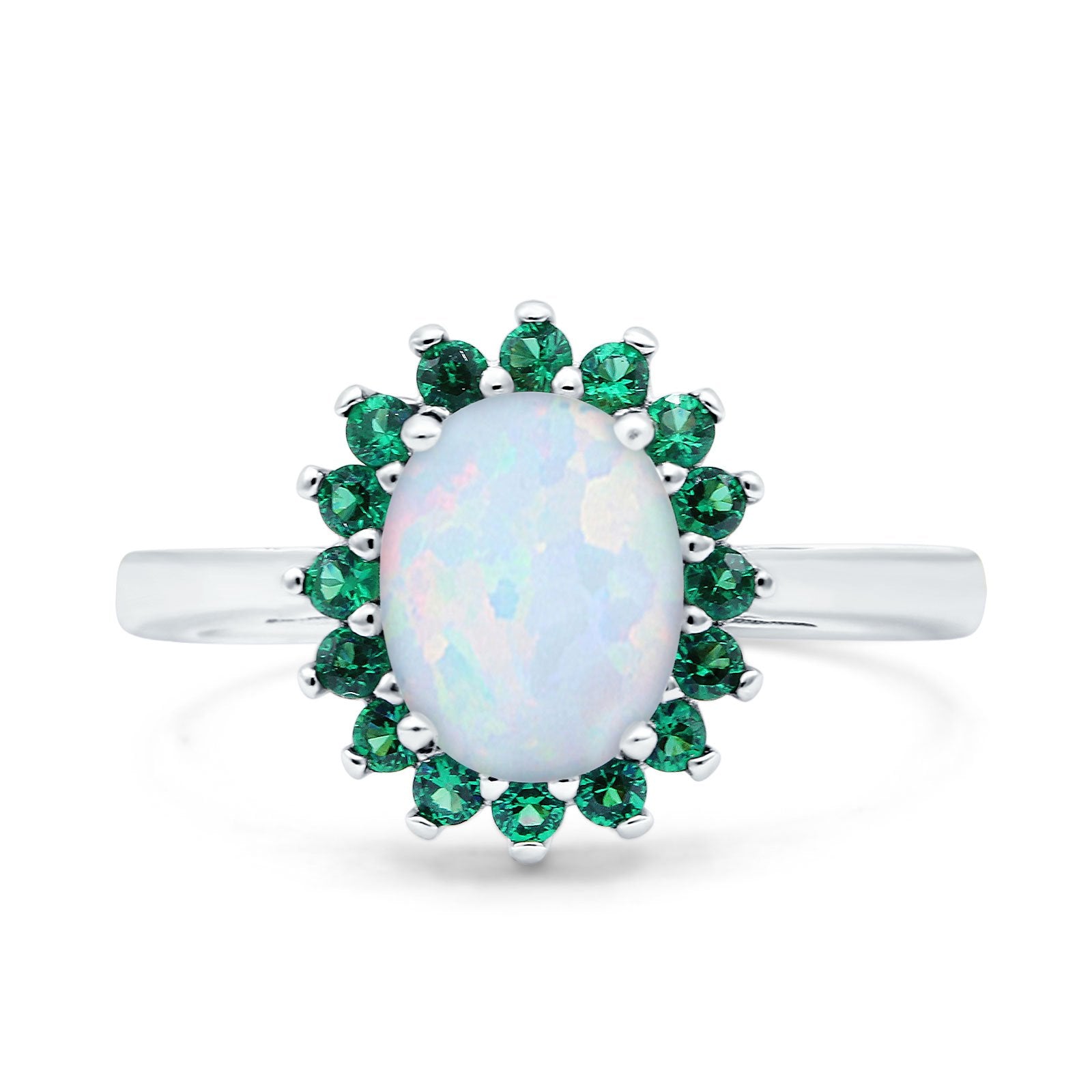 Oval Art Deco Wedding Ring Simulated Green Emerald Lab Created White Opal 925 Sterling Silver