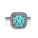 Halo Art Deco Cushion Cut Wedding Ring Black Tone, Simulated Paraiba Tourmaline CZ 925 Sterling Silver