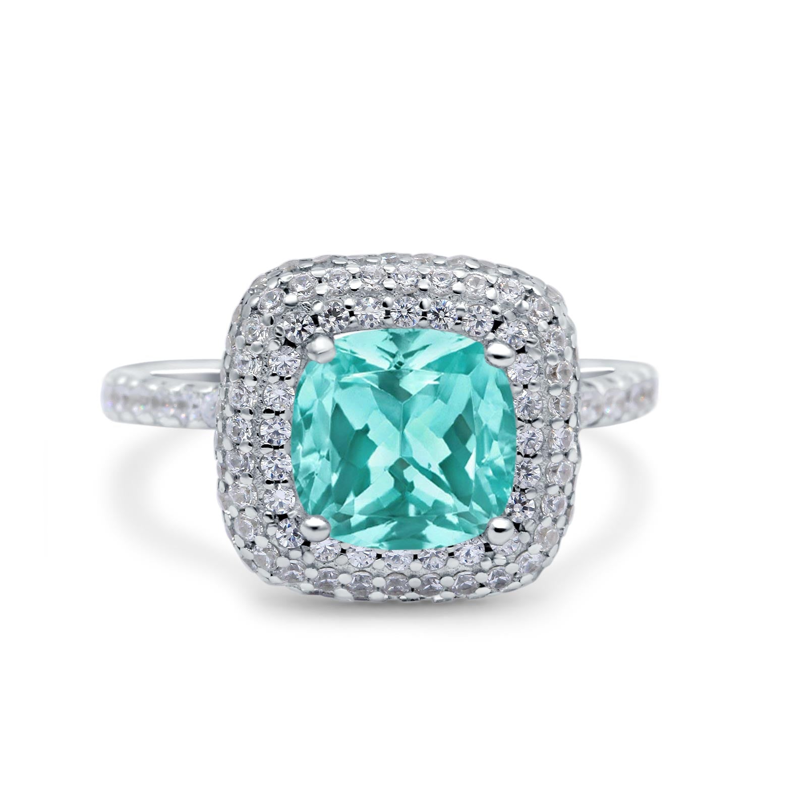 Halo Art Deco Cushion Cut Wedding Ring Simulated Paraiba Tourmaline CZ 925 Sterling Silver