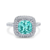 Halo Art Deco Cushion Cut Wedding Ring Simulated Paraiba Tourmaline CZ 925 Sterling Silver