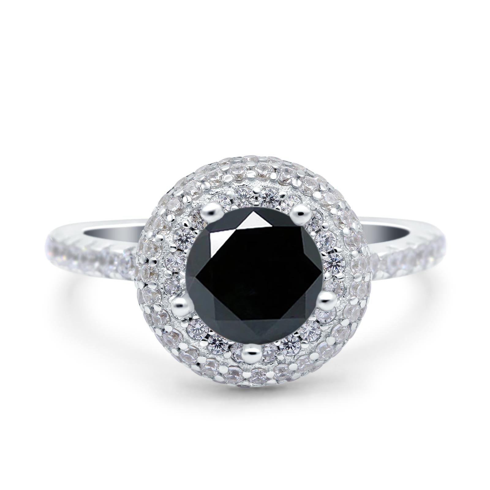 Halo Art Deco Wedding Ring Round Simulated Black CZ 925 Sterling Silver