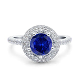 Halo Art Deco Wedding Ring Round Simulated Blue Sapphire CZ 925 Sterling Silver