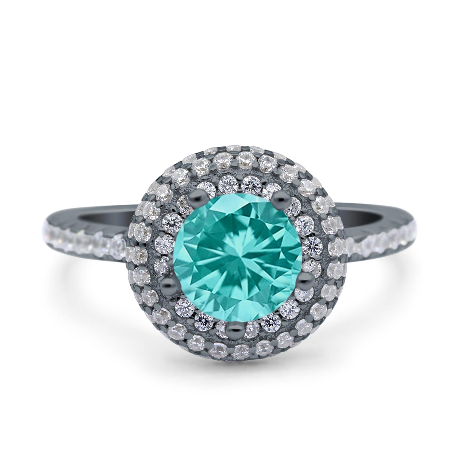 Halo Art Deco Wedding Ring Round Black Tone, Simulated Paraiba Tourmaline CZ 925 Sterling Silver