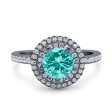Halo Art Deco Wedding Ring Round Black Tone, Simulated Paraiba Tourmaline CZ 925 Sterling Silver