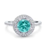 Halo Art Deco Wedding Ring Round Simulated Paraiba Tourmaline CZ 925 Sterling Silver