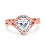 14K Rose Gold Teardrop Pear Halo Twist Infinity Shank Art Deco Engagement Wedding Bridal Ring Round Simulated CZ Size-7