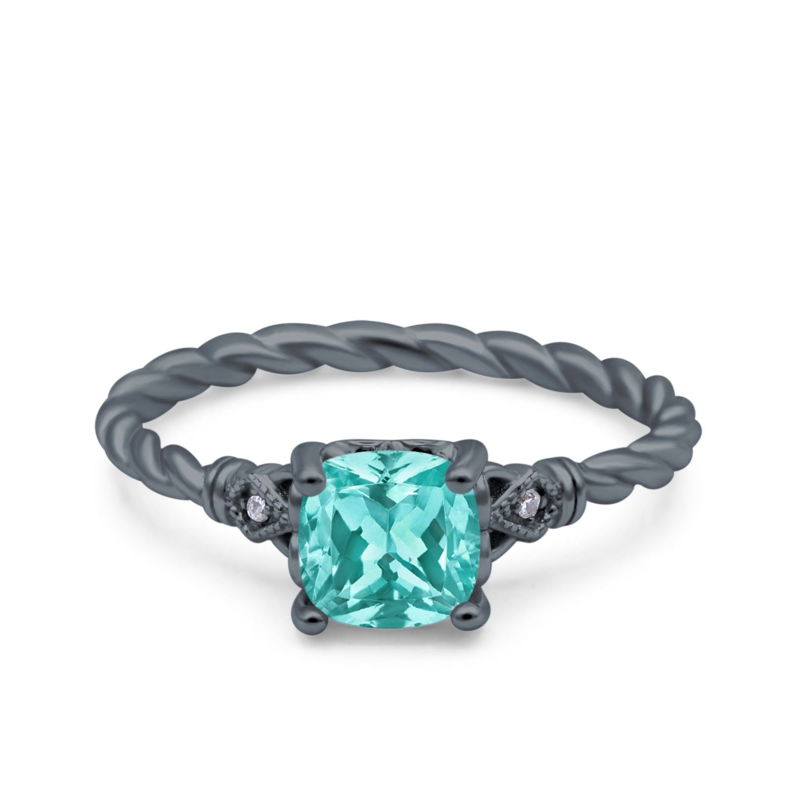 Art Deco Cushion Three Stone Wedding Bridal Ring Black Tone, Simulated Paraiba Tourmaline CZ 925 Sterling Silver