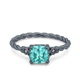 Art Deco Cushion Three Stone Wedding Bridal Ring Black Tone, Simulated Paraiba Tourmaline CZ 925 Sterling Silver