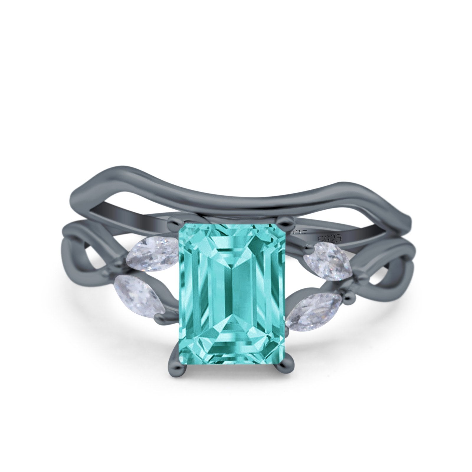 Two Piece Art Deco Emerald Cut Wedding Ring Black Tone, Simulated Paraiba Tourmaline CZ 925 Sterling Silver