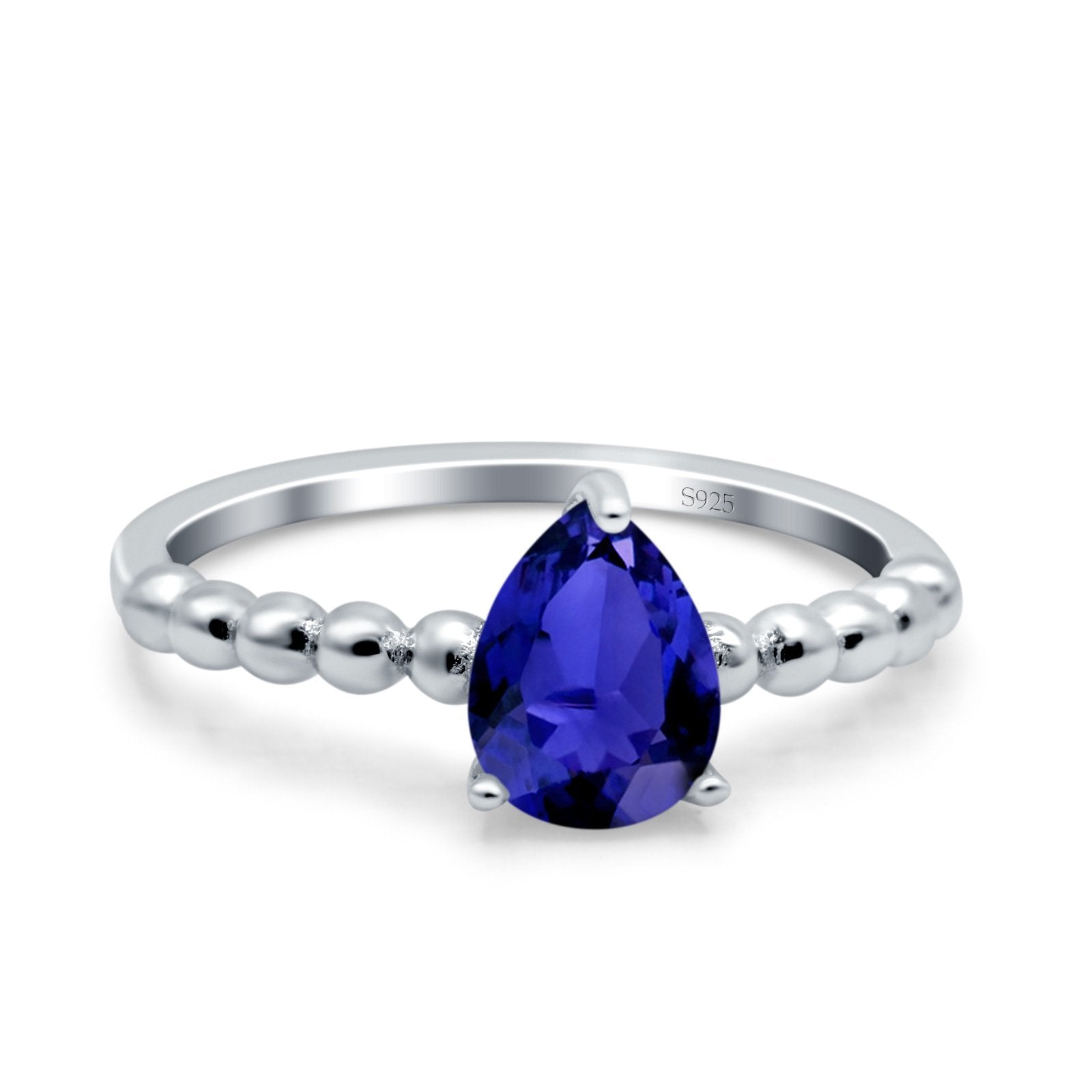 Teardrop Art Deco Pear Wedding Ring Simulated Blue Sapphire CZ 925 Sterling Silver