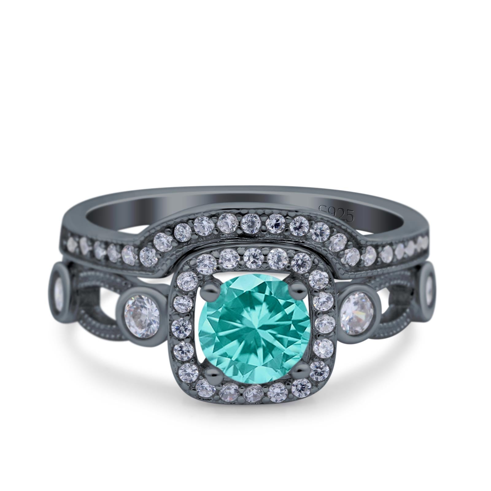 Two Piece Art Deco Wedding Ring Band Round Black Tone, Simulated Paraiba Tourmaline CZ 925 Sterling Silver