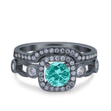 Two Piece Art Deco Wedding Ring Band Round Black Tone, Simulated Paraiba Tourmaline CZ 925 Sterling Silver