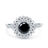 Halo Art Deco Wedding Ring Round Simulated Black CZ 925 Sterling Silver