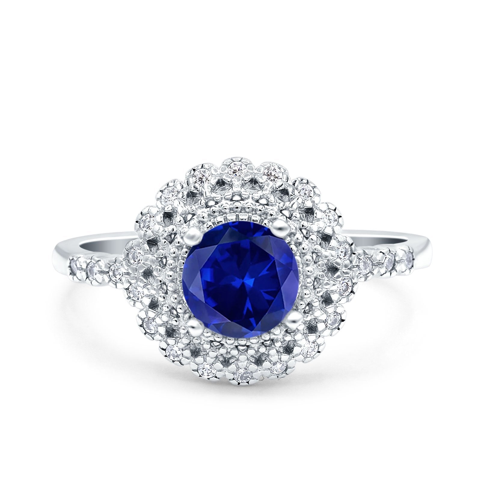 Halo Art Deco Wedding Ring Round Simulated Blue Sapphire CZ 925 Sterling Silver