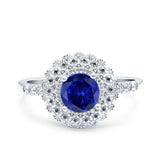 Halo Art Deco Wedding Ring Round Simulated Blue Sapphire CZ 925 Sterling Silver