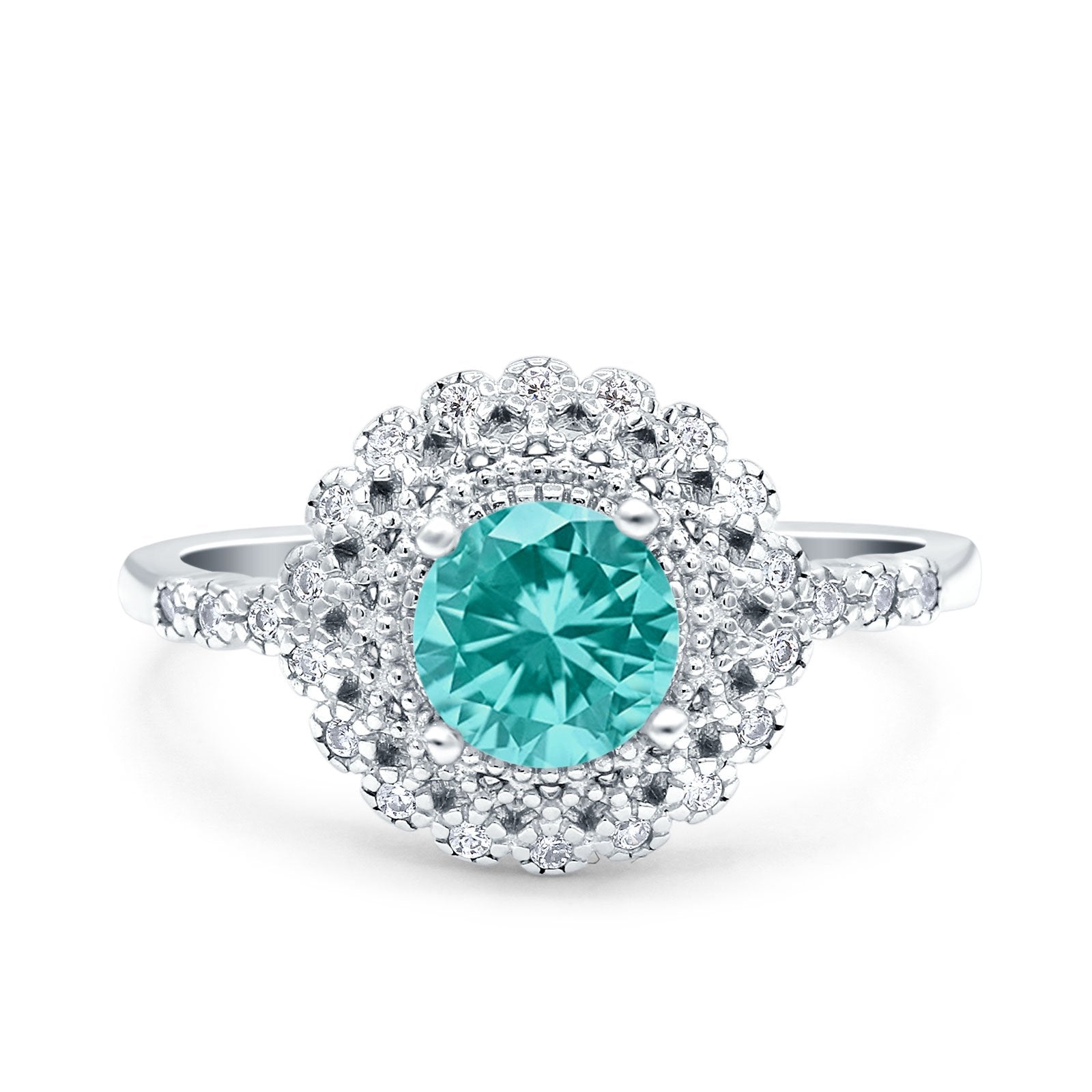 Halo Art Deco Wedding Ring Round Simulated Paraiba Tourmaline CZ 925 Sterling Silver