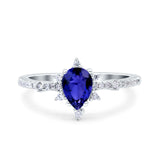 Starburst Teardrop Art Deco Pear Wedding Ring Simulated Blue Sapphire CZ 925 Sterling Silver