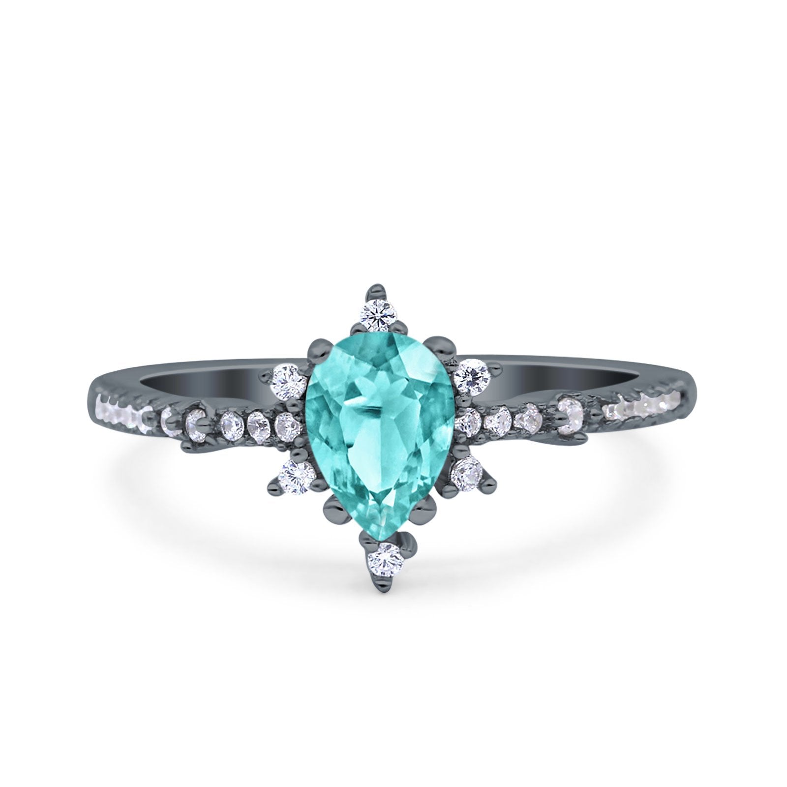 Starburst Teardrop Art Deco Pear Wedding Ring Black Tone, Simulated Paraiba Tourmaline CZ 925 Sterling Silver
