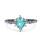 Starburst Teardrop Art Deco Pear Wedding Ring Black Tone, Simulated Paraiba Tourmaline CZ 925 Sterling Silver